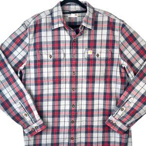 CARHARTT Shirt Men's Size L Tall Grey Blue Red Hubbard Plaid Long Sleeve